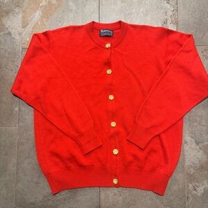 Burberry Vintage Red Merino Wool Cardigan Gold Buttons Made in Scotland